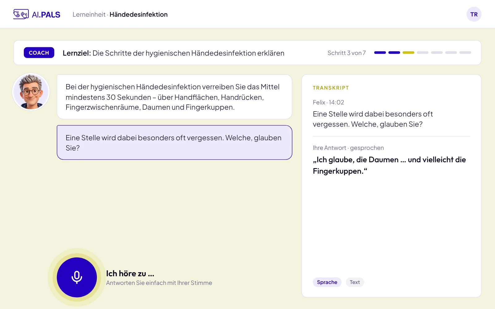 Lerndialog mit Felix: Erklärung, Rückfrage, Antwort per Stimme, Transkript
