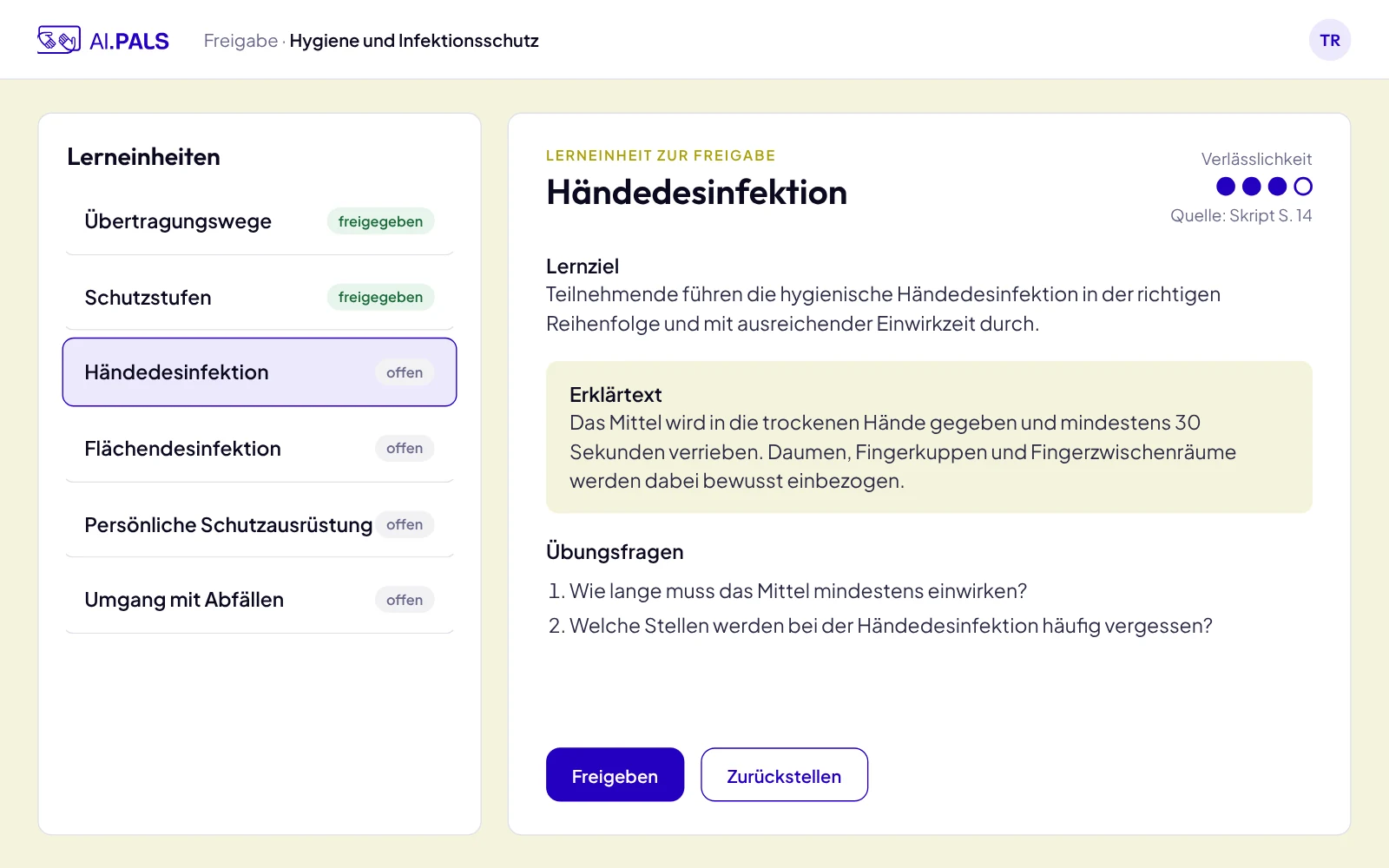 Freigabe-Ansicht: Lerneinheit mit Verlässlichkeitsbewertung und Quellenhinweis