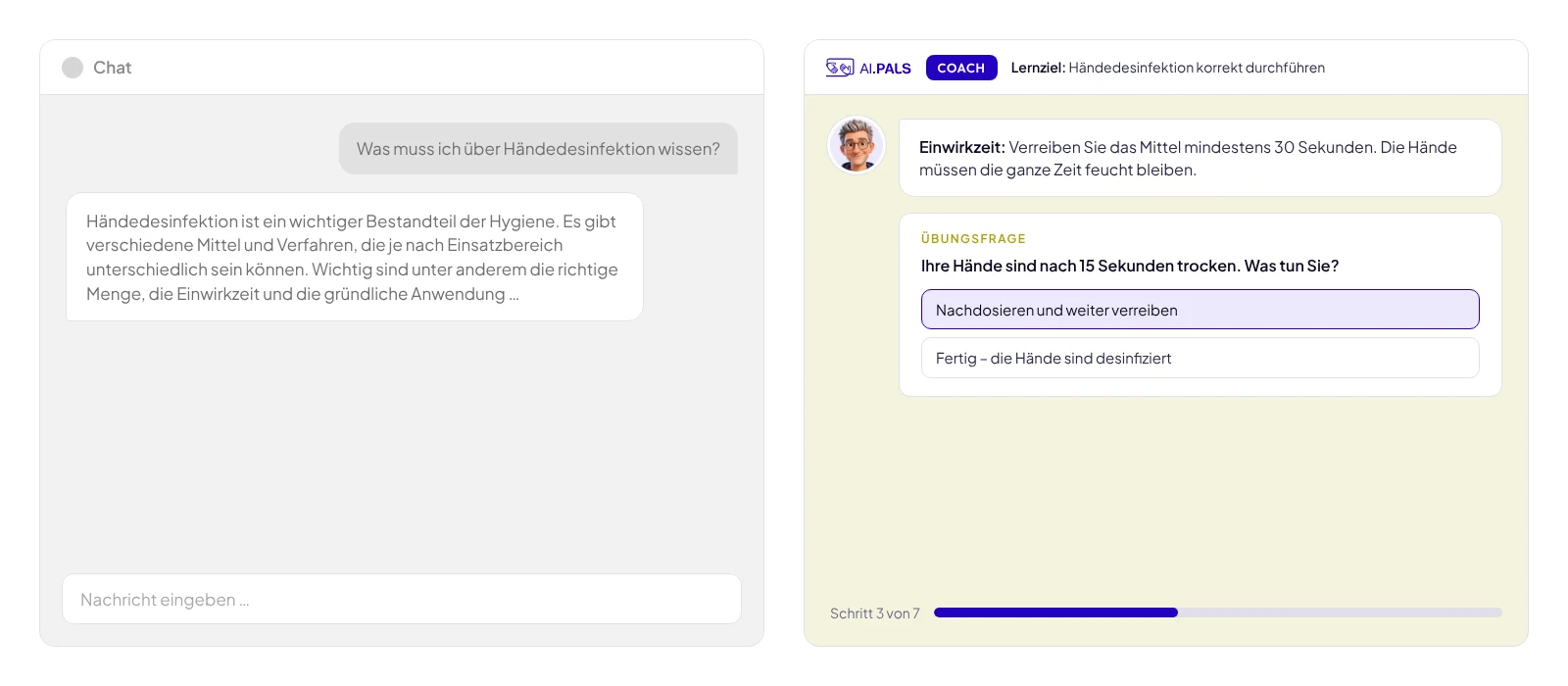 Links ein Chatfenster ohne Kontext, rechts eine Lerneinheit mit Lernziel, Übung und Fortschritt